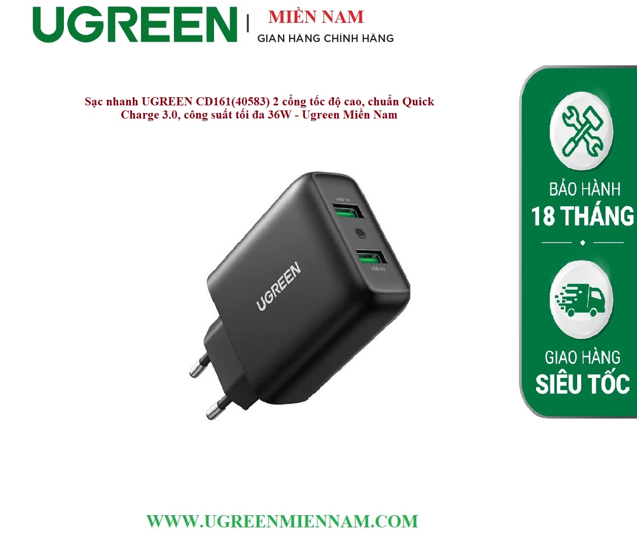 Sạc nhanh UGREEN CD161(40583) 2 cổng tốc độ cao, chuẩn Quick Charge 3.0, công suất tối đa 36W - Ugreen Miền Nam